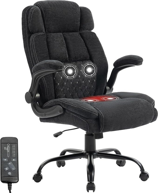 Massage Office Chair, 500LBS Ergonomic Rocking Executive Desk Chairs with 4 Points Vibration&Heat,Padded Flip-up Armrests for Big and Tall Office Chair,Swivel Computer Chair Thicken Back,Fabric Black