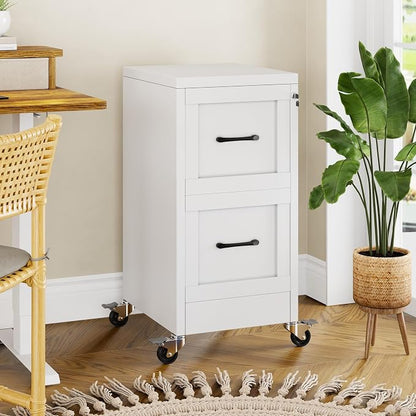 Small Metal 2-Drawer File Cabinet, Under Desk Office Cabinet, White | Rolling, Locking, Adjustable Hanging Rail, Fit A4, FC, Letter, Hanging File Folders for Home Office Storage Organization, 1PS