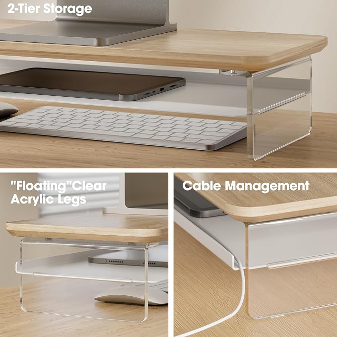 Fenge Acrylic Monitor Stand Riser, 23.6 Inches Monitor Stand with Metal Storage, 2 Tier Acrylic Computer Riser for Desk, Clear Laptop Stand for PC, Laptop, Printer, TV