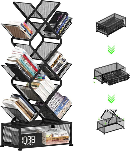 Gintan 9-Tier Space Saving Book Shelf with Storage,Bedroom Shelves Folding Bookshelves,No Installation Required Shelf Tree Metal Bookshelf for Living Room,Study,Home Office,Bed Room (Black)