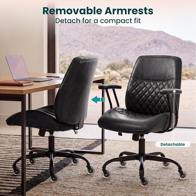 NEO CHAIR Ergonomic Leather Office Desk Chair with Fixed Armrests Mid Back Lumbar Support Swivel Executive Computer Chair with Wheels Comfy Home Office Chair for Adults (Black)