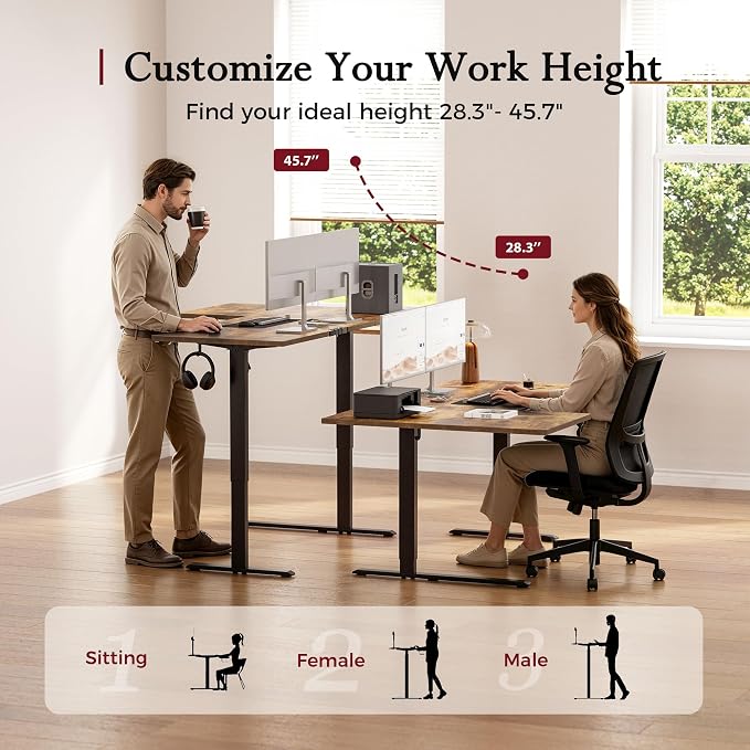 Klicelor L Shaped Standing Desk, 55 Inch Electric Height Adjustable Desk with Memory Preset, Reversible Sit Stand Up Computer Workstation for Home Office, Splice Board, Rustic Brown