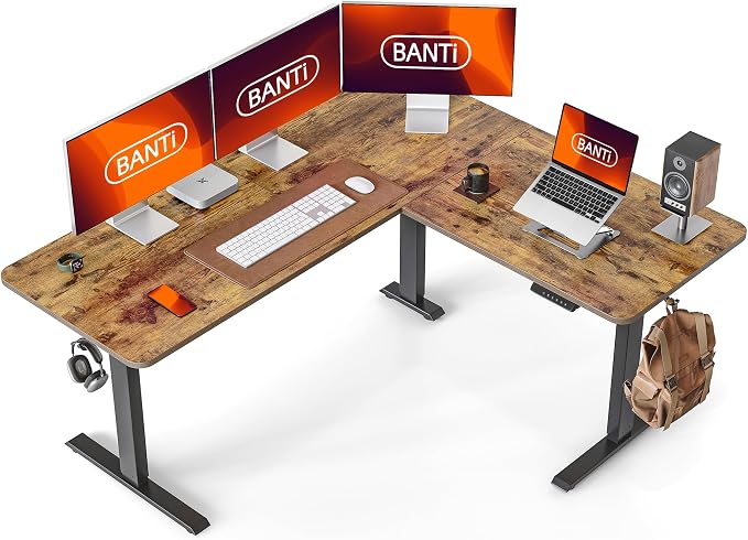 BANTI L-Shaped Standing Desk - 63 x 55 Inch Adjustable Corner Standing Desk with Charging Station - L Shape Sit Stand Table with Memory Controller, Splice Board for Home Office, Rustic Brown