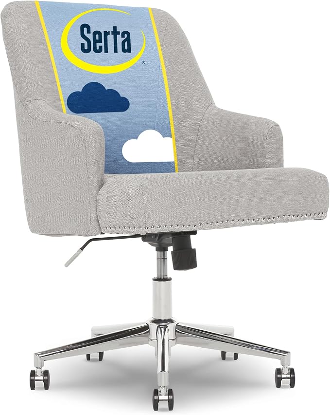 Serta Leighton Home Office Desk Chair, Mid-Back with Chrome Nailheads, Memory Foam Cushion and Padded Arms, Modern Makeup Vanity Armchair with Wheels, Swivel Base, Twill Fabric, Light Gray