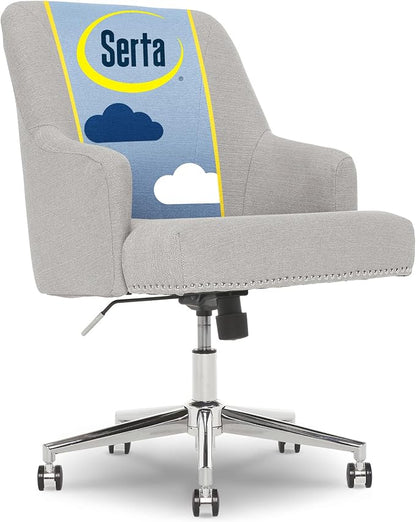 Serta Leighton Home Office Desk Chair, Mid-Back with Chrome Nailheads, Memory Foam Cushion and Padded Arms, Modern Makeup Vanity Armchair with Wheels, Swivel Base, Twill Fabric, Light Gray