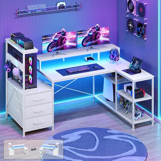 YOMILUVE White Gaming Desk with Drawers & Storage Shelves, L-Shaped Gaming Desk with Power Outlets & LED Light, Reversible Computer Desk with Monitor Stand & Hooks for Home Office