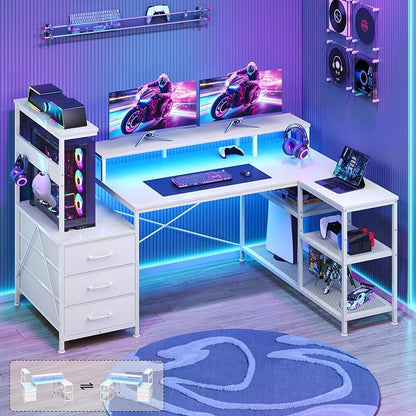 YOMILUVE White Gaming Desk with Drawers & Storage Shelves, L-Shaped Gaming Desk with Power Outlets & LED Light, Reversible Computer Desk with Monitor Stand & Hooks for Home Office