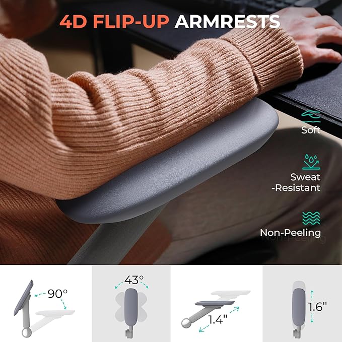 CAPOT Ergonomic Mesh Office Chair, Adjustable Lumbar High Back Desk Chair 400lbs, 4D Flip-up Arms, 3 Tilt Backrest, 3D Headrest, PU Wheels, Swivel Rolling Computer Chair for Long Desk Work - Grey