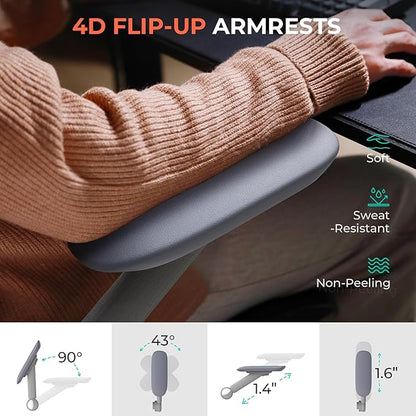 CAPOT Ergonomic Mesh Office Chair, Adjustable Lumbar High Back Desk Chair 400lbs, 4D Flip-up Arms, 3 Tilt Backrest, 3D Headrest, PU Wheels, Swivel Rolling Computer Chair for Long Desk Work - Grey