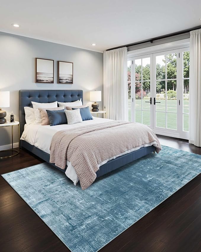 Latte&Fog 8x10 Area Rugs for Living Room, Large Blue Modern Abstract Washable Rug, Boho Non Slip Low Pile Carpet for Indoor Bedroom Dining Room, Office, Dorm, Classroom, Farmhouse and Kids Room - Blue