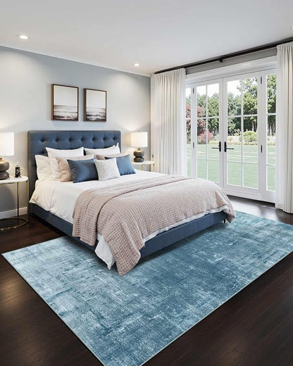Latte&Fog 8x10 Area Rugs for Living Room, Large Blue Modern Abstract Washable Rug, Boho Non Slip Low Pile Carpet for Indoor Bedroom Dining Room, Office, Dorm, Classroom, Farmhouse and Kids Room - Blue