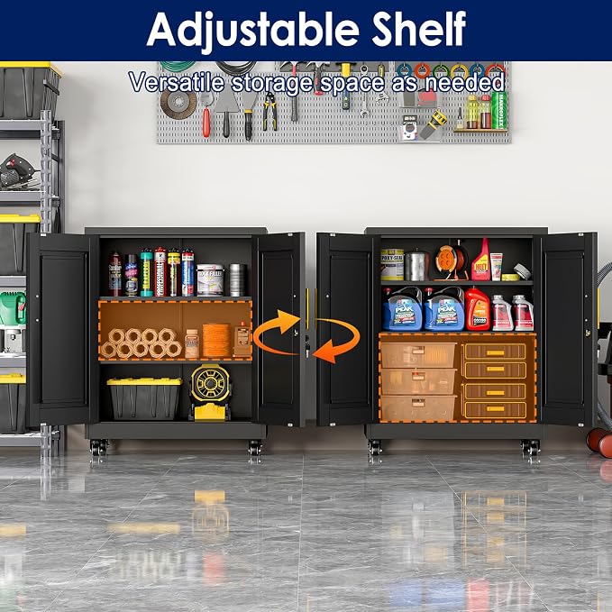 erosoei 35" H Metal Garage Storage Cabinet, Rolling Tool Cabinet with 2 Doors and Wheels, Locker Steel Cabinet with 2 Adjustable Shelves, Organization Cabinet for Garage,Office,Home,Gym,School（Black）
