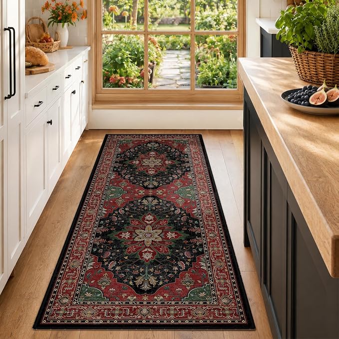 RELEANY Area Rugs Runner 2'x6' Washable Non-Slip, Floral Vintage Distress Medallion Carpet for Kitchen Hallway Bedroom Beside Laundry Room Bathroom, Red Black