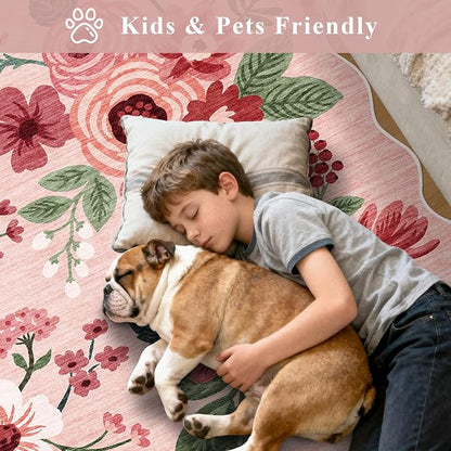 DUKINO 3x5 Area Rug, Floral Non-Slip Indoor Washable Rug with Low Pile & Non-Shedding, Lightwight Boho Design Carpet for Entryway, Bedroom, Kids Room, Living Room, Kitchen, Pink