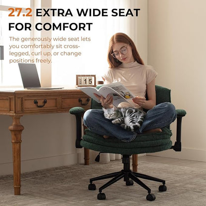 Dowinx Criss Cross Chair with Adjustable Flip-up Arms and Wheels, Comfort Ergonomic Office Desk Armchair with 3 Layer Cushions, Wide Seat Vanity Chair for Home Office, Living Room, Bedroom, Green