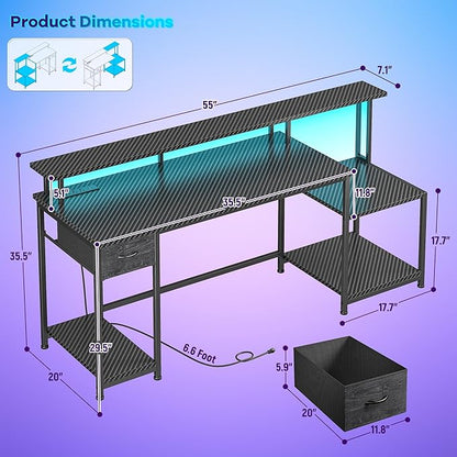 Black Gaming Desk With RGB Lights and 3 AC Power Outlets,Office Computer Desk with 55" Long Monitor Stand,18"Ample Printer Space,Storage Drawer and File Shelves,Study Desk,Bedroom Writing Desk