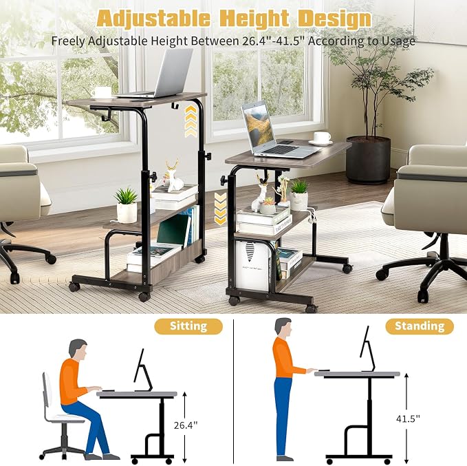 Karl home 31.5" Portable Rolling Desk on Wheels,Height Adjustable Standing Desk with 2 AC Outlets/3 USB Ports,Mobile Laptop Table with Hooks and Storage Shelves for Home Office，Grey Oak