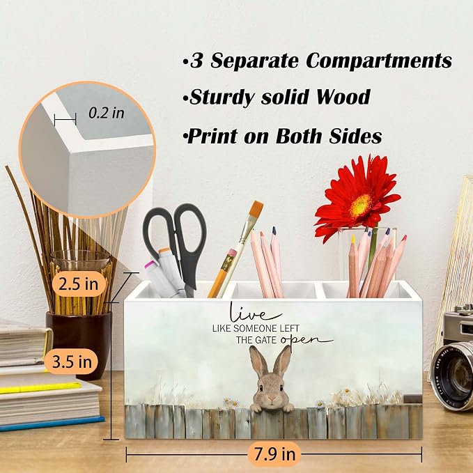 Bunny Gifts Pen Holder for Desk, Rustic Easter Bunny Rabbit Pencil Organizer, Live Like Someone Left The Gate Open Cabin Animal Wooden Pen Holder Desk Accessories Decor for Home Office