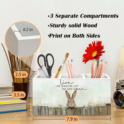 Bunny Gifts Pen Holder for Desk, Rustic Easter Bunny Rabbit Pencil Organizer, Live Like Someone Left The Gate Open Cabin Animal Wooden Pen Holder Desk Accessories Decor for Home Office