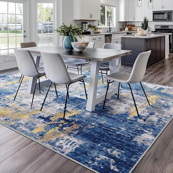 RELEANY Washable Area Rugs Square 6ft Non-Slip Modern Abstract Soft for Living Room Entryway Bedroom Kitchen, Print Pattern, Grey Blue Gold/Golden