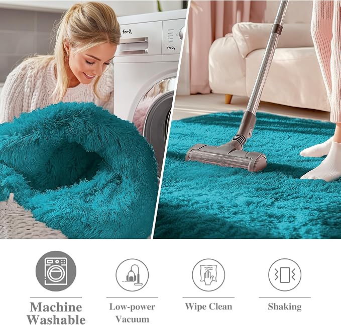 OLANLY Teal Round Rugs for Bedroom - Machine Washable, 9 ft Circle Area Rugs for Living Room, Soft and Fluffy Shaggy Carpet for Teen Girl and Boys, Nursery Rooms, Dorms, Home Decor Aesthetic