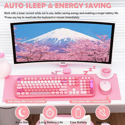 Wireless Keyboard Mouse,104 Full Size Cute Colorful Keyboard and Mouse with Retro Typewriter for PC/Mac/Laptop/Tablet/Computer/Windows/Microsoft, Pink