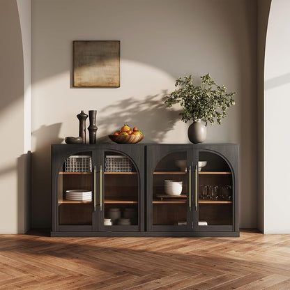 BELLEZE 65" Kitchen Storage Cabinet with Adjustable Shelves, Freestanding Accent Cabinet with Fluted Gold Handles & Arched Design, Modern Credenza for Living Room, Entryway - Ebony