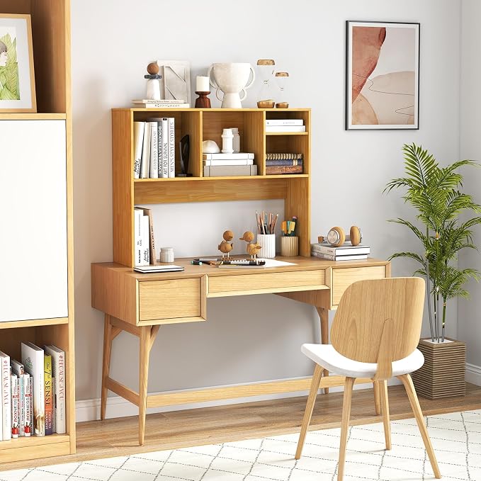 LDAILY Desktop Bookshelf, 2-Tier Office Desk Shelf Organizer with 4 Shelves, 37’’L Wood Storage Rack Display Shelf for Computer Desk, Office, Dorm, Bedroom (Burlywood)