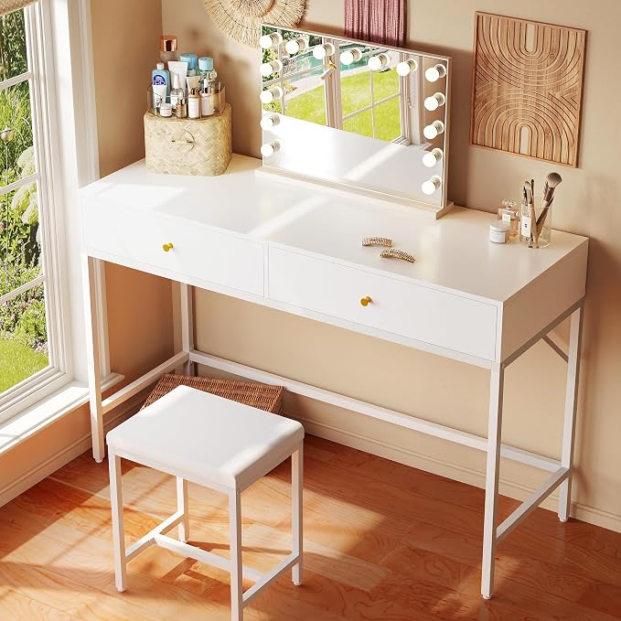 SUPERJARE 43-inch White Desk with 2 Drawers and Padded Stool, Modern Makeup Vanity & Computer Desk with Storage for Home Office, Bedroom Study
