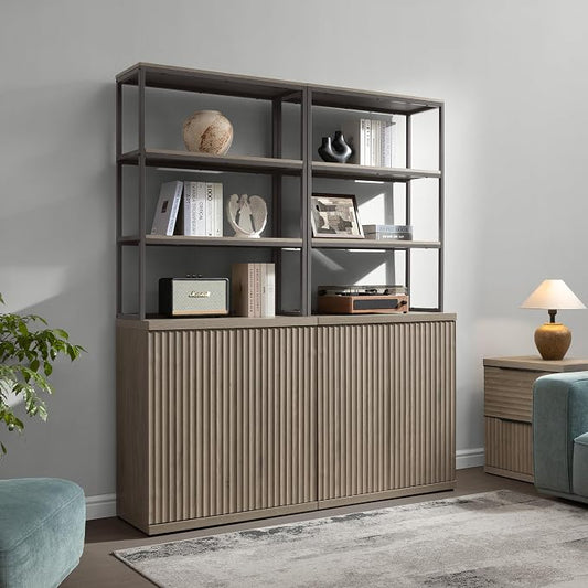 SICOTAS Book Shelf Fluted Bookshelf Cabinet - 75" Tall Bookcase 6 Tier Large Bookshelves with Doors Storage Modern Double Wide Book Shelves Case for Living Room Home Office Library, Metal Frame, Grey