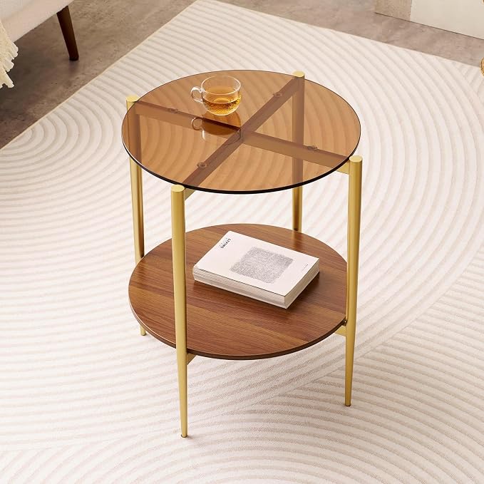 LumFurn Round Glass End Table, Mid-Century Modern Design Sofa Table for Living Room, D18 x H23, 2-Tier Structure, Amber Glass Top and Walnut Shelf, Sleek Conical Legs with Gold Finish Frame