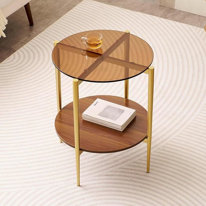 LumFurn Round Glass End Table, Mid-Century Modern Design Sofa Table for Living Room, D18 x H23, 2-Tier Structure, Amber Glass Top and Walnut Shelf, Sleek Conical Legs with Gold Finish Frame