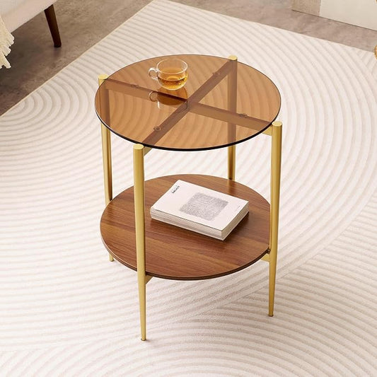 LumFurn Round Glass End Table, Mid-Century Modern Design Sofa Table for Living Room, D18 x H23, 2-Tier Structure, Amber Glass Top and Walnut Shelf, Sleek Conical Legs with Gold Finish Frame
