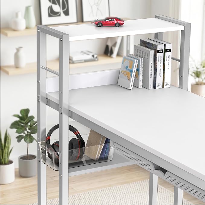 SHW 46-Inch Home Office Mission Computer Desk with Side Shelf and Drawer, White