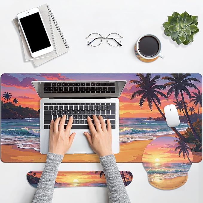 Britimes Beach Sunset Keyboard Mouse Pad Set Tropical Coastal 4in1 Large Mousepad+Keyboard Wrist Rest+Mouse Wrist Rest+Coaster Ergonomic Design for Home Office Computer 35.4x15.7 inches