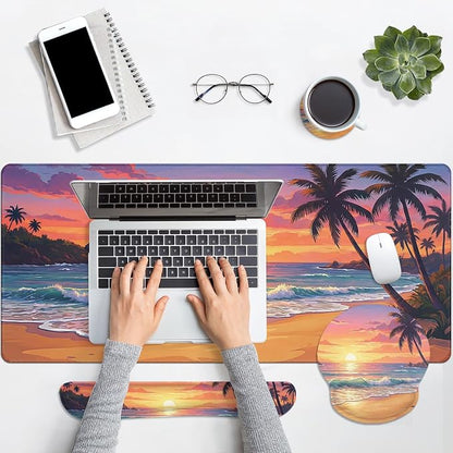 Britimes Beach Sunset Keyboard Mouse Pad Set Tropical Coastal 4in1 Large Mousepad+Keyboard Wrist Rest+Mouse Wrist Rest+Coaster Ergonomic Design for Home Office Computer 35.4x15.7 inches