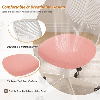 Armless Desk Chair Swivel Office Rolling Chair with Soft Padded Cushion, Height Adjustable Small Task Chair, Ergonomic Study Computer Chair for Kids Girls Boys Teens (Pink, 2PCS)