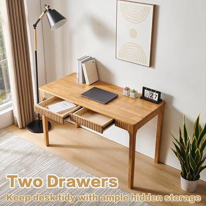 Solid Wood Desk with Drawers, Light Wood Desk for Small Spaces, Small Writing Desk for Bedroom, Gaming Study Home Office Wooden Desks for Work, 39 inch Wood Computer Desk