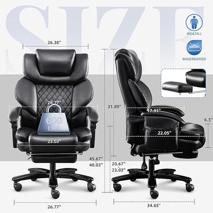 3D Kneading Massage Office Chair, Oversized 600LBS Big and Tall Executive Office Chair with Footrest, Reclining Computer Chairs, Wider Upholstered Seat Ergonomic Desk Chair for Home Office, Black