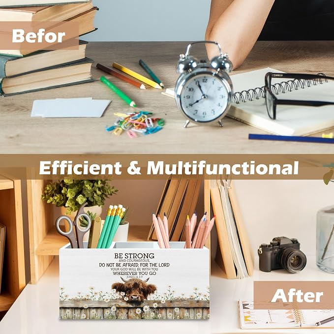 DILSJ Christian Highland Cow Pen Pencil Holder Organizer for Desk, Highland Cow Gifts for Women, Be Strong and Courageous Wooden Box Signs for Home Office Desk Decoration Office & School Supplies