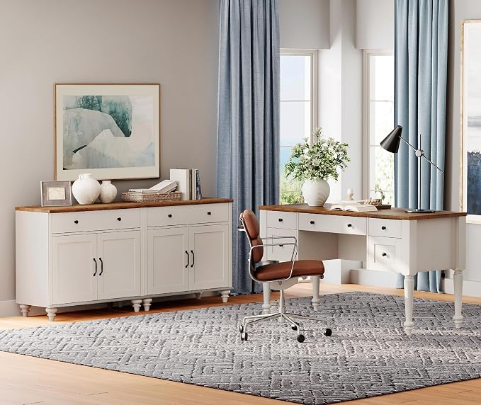 WAMPAT Home Office Furniture Set, 56" Executive Desk with Charging Station, 2-in-1 Cabinet with 4 Doors and 2 Drawers, Wood Computer Desk with File Cabinet Storage, Open Shelf, White