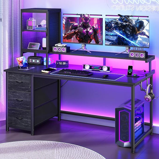 DurayLoly 47" Gaming Desk with Hutch and Cabinet to Display, Gaming Table with 3 Drawers for Small Space Storage, 2 AC Power Outlets and RGB Light, Monitor Stand for Student Bedroom