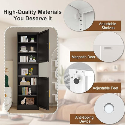 pozdeg 67" Tall Narrow Storage Cabinet, Metal Bathroom Cabinet with 2 Doors & 4 Adjustable Shelves, Freestanding Slim Pantry Organizer for Bathroom Kitchen Living Room (Black)
