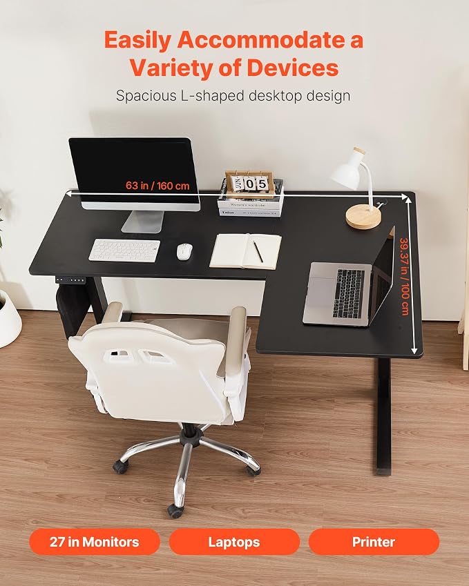 VEVOR Electric L Shaped Standing Desk 63"x39", 3 Memory Height Adjustable, Dual Motor Corner Sit Stand Up Desk with 2 Hooks, Heavy Duty Carbon Steel Computer Table Workstation, Easy to Assemble, Black