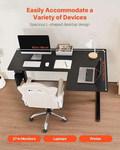VEVOR Electric L Shaped Standing Desk 63"x39", 3 Memory Height Adjustable, Dual Motor Corner Sit Stand Up Desk with 2 Hooks, Heavy Duty Carbon Steel Computer Table Workstation, Easy to Assemble, Black