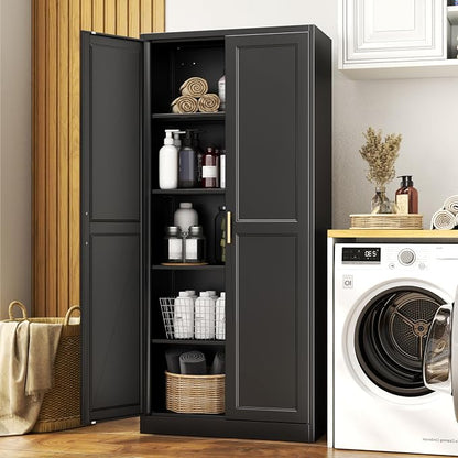 71" Metal Pantry Cabinet,Storage Cabinet with Doors and Shelves | Metal Storage Cabinet,Gold Handles,Adjustable Shelves,Magnetic Doors,Leveling Feet,Anti-tipping,for Kitchen/Garage Black