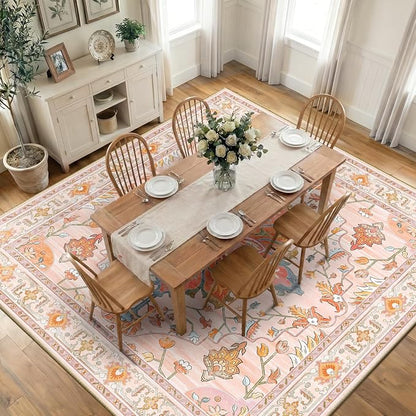RELEANY Area Rugs Square 10ft Washable Non-Slip, Floral Vintage Distress Medallion Carpet for Living Room Bedroom Dining Room, Light Pink Colorful