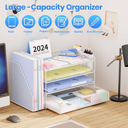 OPNICE Desk Organizer, 4-Tier Desktop File Organizer with Drawer and 2 Pen Holders, Office Desk Accessories, File Sorters, Workspace Organizers for Office Supplies(White)