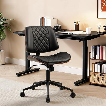 Shahoo Armless Office Chair with Wheels, Adjustable Height PU Leather Desk Chair with mid Back, Modern Walnut Style 360° Swivel Computer Chair for Small Spaces, Meeting Room, Black