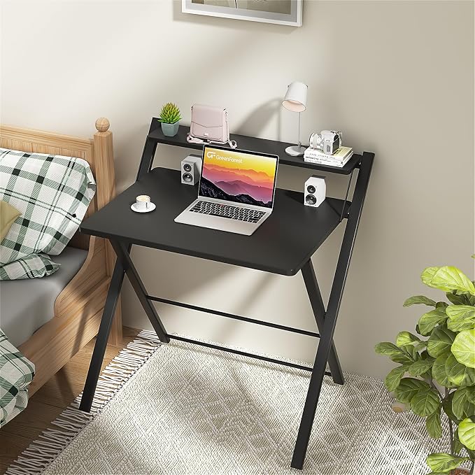 GreenForest No Assembly Folding Desk, 2-Tier Compact Computer Desk with Shelf, 30 inch Space Saving Foldable Table for Home Office, Dorm or Apartment, Portable Collapsible Sturdy Laptop Desk, Black